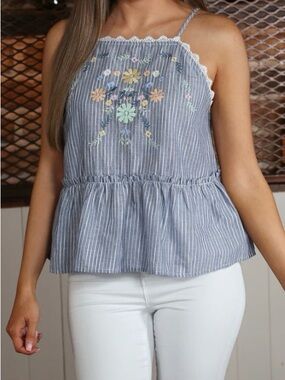Blu Pepper Blue Embroidered Peplum Top